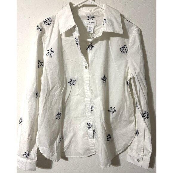 Calypso White with Blue Embroidered Seashells Button Down Blouse Size Small NWT - Picture 2 of 5